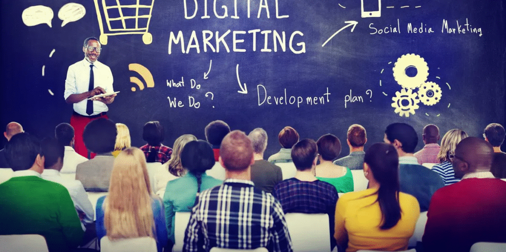 A modern digital marketing workspace displaying a laptop with website analytics, SEO performance charts, social media icons, email marketing dashboards, and online advertising metrics. The image represents Digital Marketing strategies for business growth in 2026, highlighting content marketing, search engine optimization, AI-powered automation, audience engagement, and data-driven decision-making. Surrounded by natural green plants and soft sunlight, the workspace reflects creativity, innovation, and sustainable business success. Visual elements symbolize brand building, customer relationships, mobile optimization, and digital transformation. This illustration captures the complete digital marketing blueprint for businesses looking to increase online visibility, generate quality leads, improve customer experience, and achieve long-term growth through modern marketing techniques and strategic planning in the competitive digital landscape.