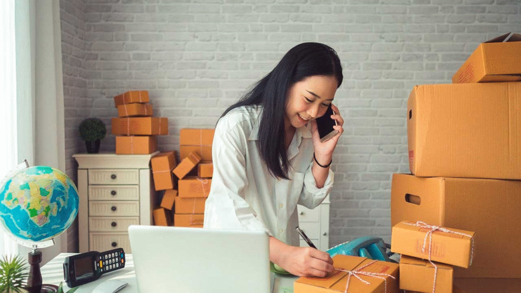 Indian entrepreneur managing an e-commerce business in 2026, packing online orders, and selling products through a laptop from home.