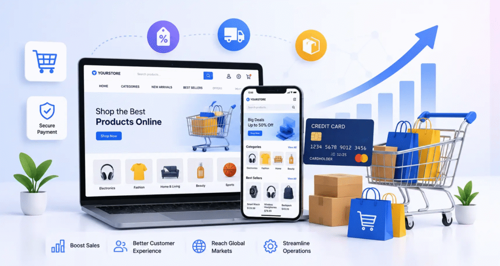 Indian entrepreneur managing an e-commerce business in 2026, packing online orders, and selling products through a laptop from home.