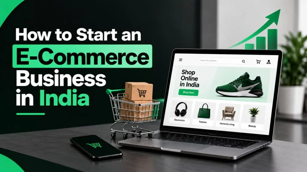 Indian entrepreneur managing an e-commerce business, packing online orders, and selling products through a laptop.