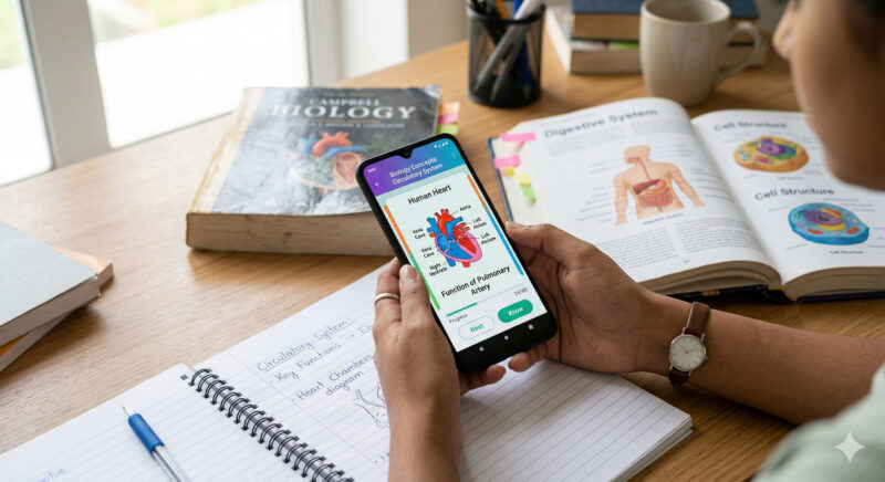 Student using exam preparation apps in India for online learning, mock tests, practice questions, and revision.