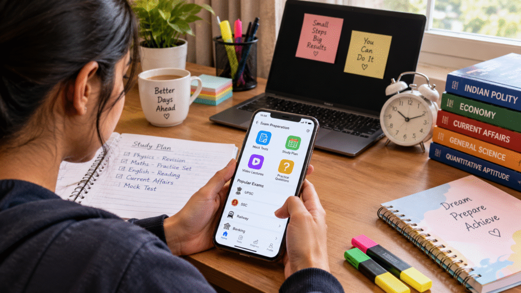 Best exam preparation apps in India for students, featuring online mock tests, study materials, practice questions, and revision tools on a smartphone.